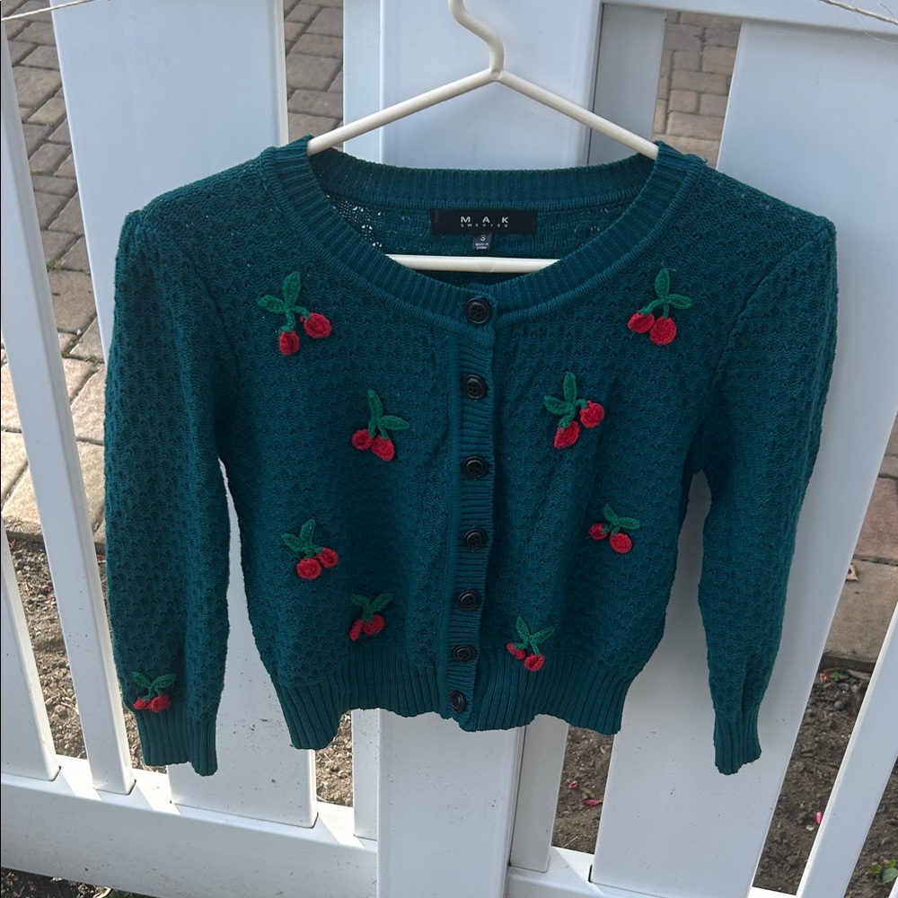 Women's Teal Sweater with Cherry Embroidery